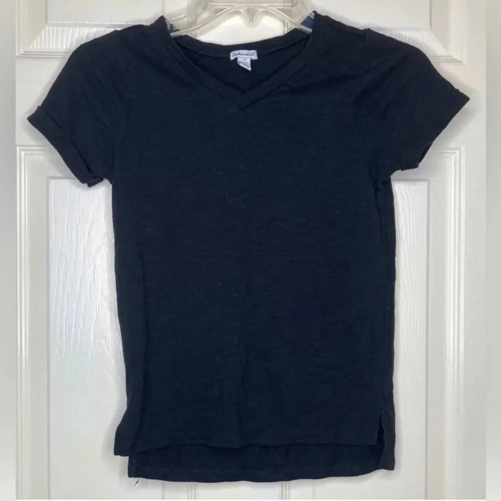 Girls SPLENDID black V-Neck S/s Cuff Sleeve T-shirt Top Sz 10 EUC